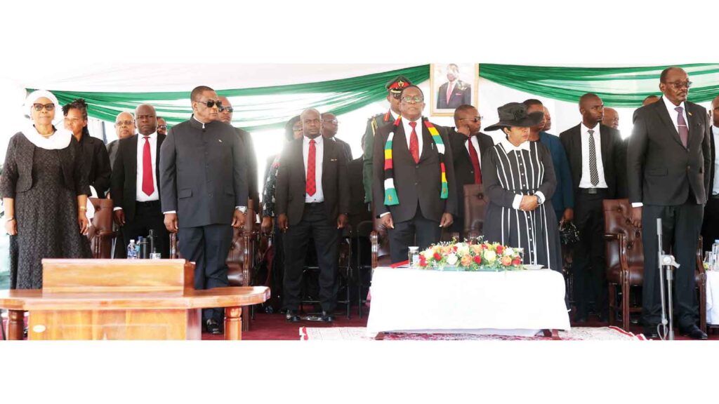 President Mnangagwa and First Lady Dr Auxillia Mnangagwa flanked by Vice Presidents Dr Constantino Chiwenga (second from left), Dr Kembo Mohadi (right) and Defence Minister Oppah Muchinguri-Kashiri (left) follow proceedings at the burial of national hero Air Commodore (Retired) Simon Bere. — Picture: Believe Nyakudjara